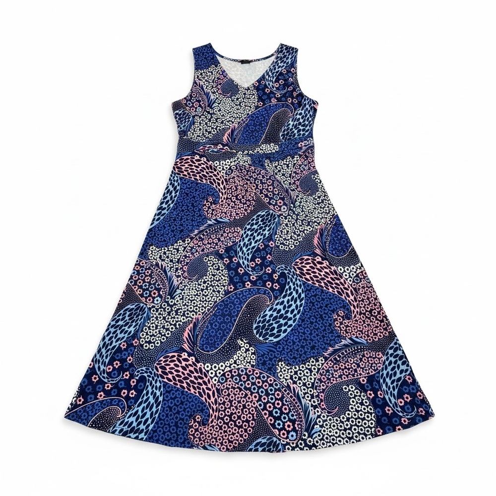 Talbots Petite Blue Pink Pailsley Fit & Flare Stretch Sleeveless Maxi Dress - Picture 4 of 13
